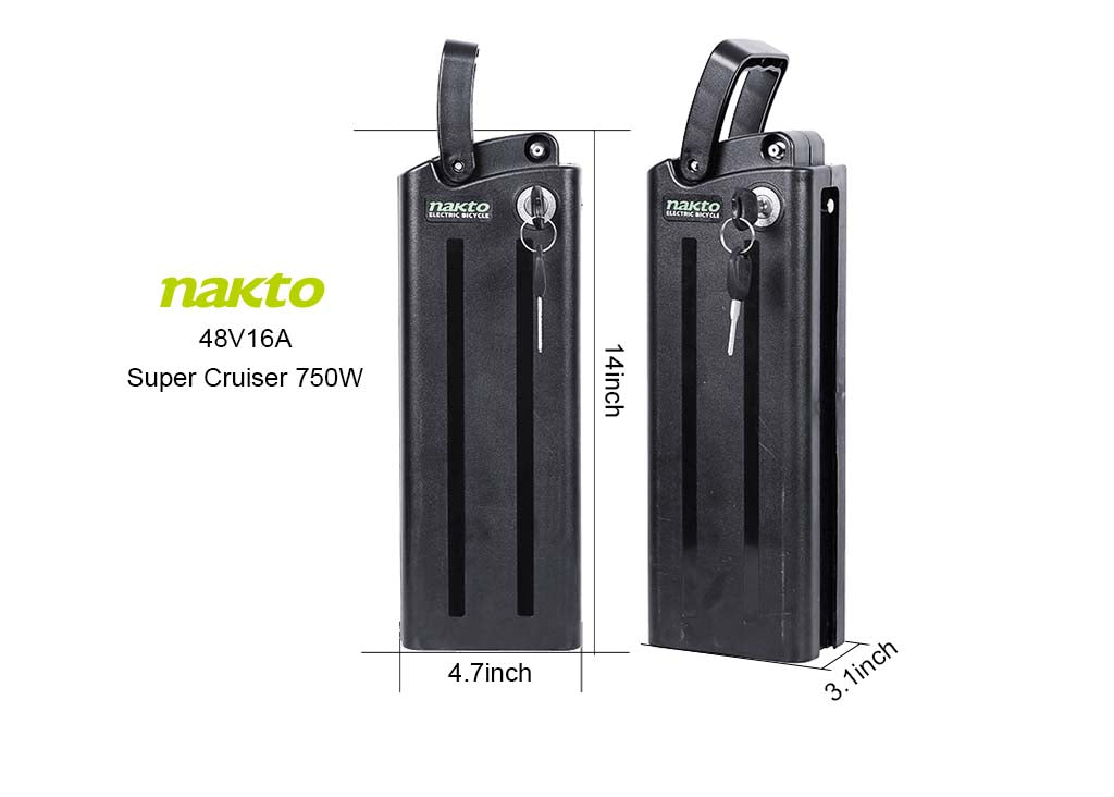 NAKTO Super Cruiser e-bike battery, front and back