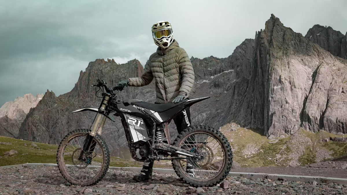 EUNORAU R1+ electric dirt bike riding in the mountains