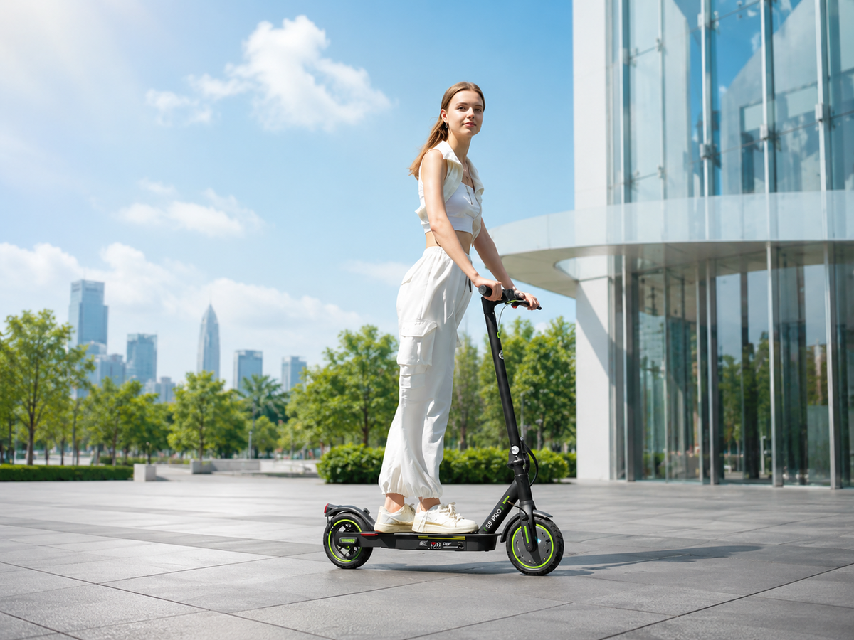 Woman riding isinwheel S9Pro electric scooter downtown