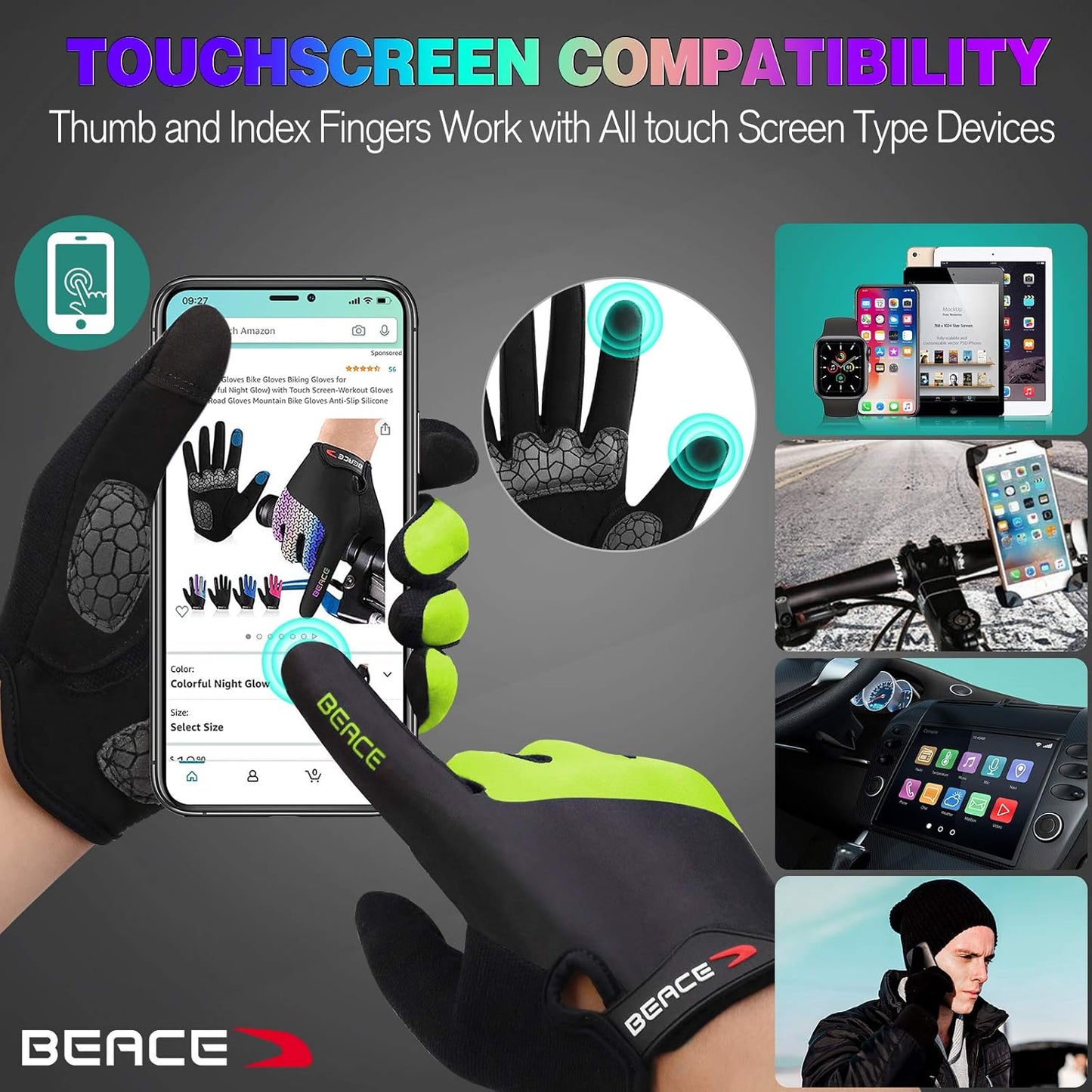 Cycling Bike Biking Gloves for Women(Colorful Night Glow) with Touch Screen-Full Finger Workout Road Mountain Bike Gloves Anti-Slip Silicone Palm