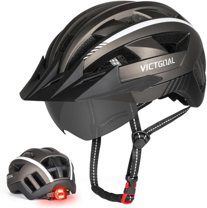 Bike Helmet for Men Women with Led Light Detachable Magnetic Goggles Removable Sun Visor Mountain & Road Bicycle Helmets Adjustable Size Adult Cycling Helmets