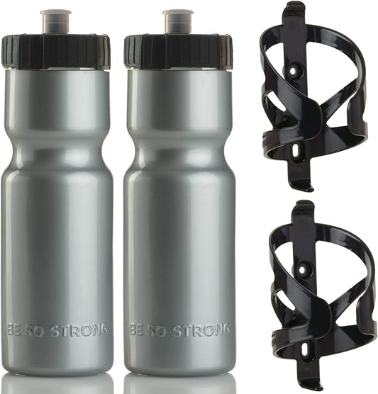 Bike Water Bottle Holder & Bottle Combo – 2-Pack 22 Oz Sports Squeeze Bottles with Pull Top Cap & Easy-Install Bike Cage – Made in USA –  Brand