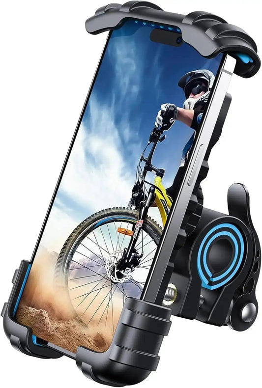 Lamicall bike and motorcycle phone holder, blue, mounted on handlebar