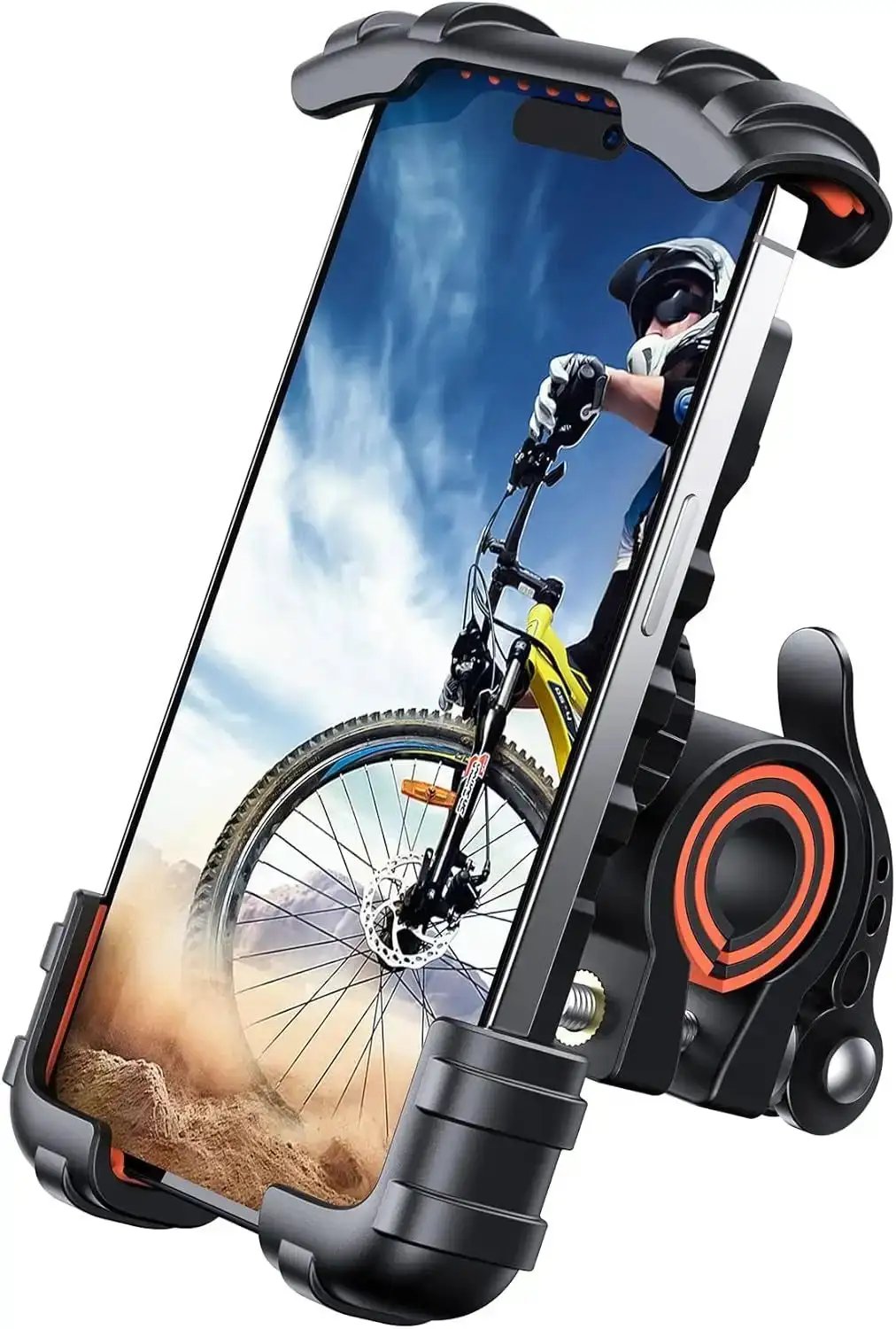 Lamicall bike and motorcycle phone holder, orange, with phone secured