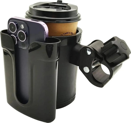 3-in-1 bike handlebar holder for water bottle, phone, and keys, black leather-look ABS