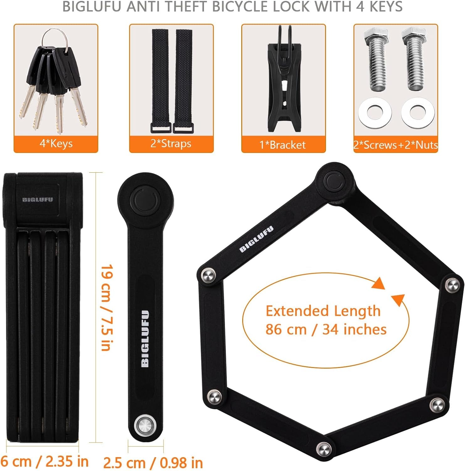 Bike Lock Bicycle Scooter Motorcycle Folding Locks with 4Keys, Fold Chain Heavy Duty Alloy Steel Foldable Lock with Mounting Bracket 2Pc Straps, 86Cm/34 Unfolding, 1.92 Lbs