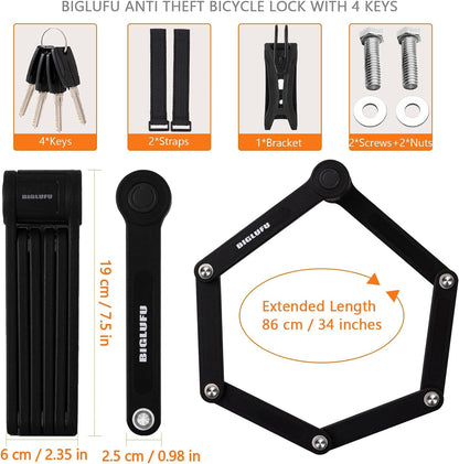 Bike Lock Bicycle Scooter Motorcycle Folding Locks with 4Keys, Fold Chain Heavy Duty Alloy Steel Foldable Lock with Mounting Bracket 2Pc Straps, 86Cm/34 Unfolding, 1.92 Lbs