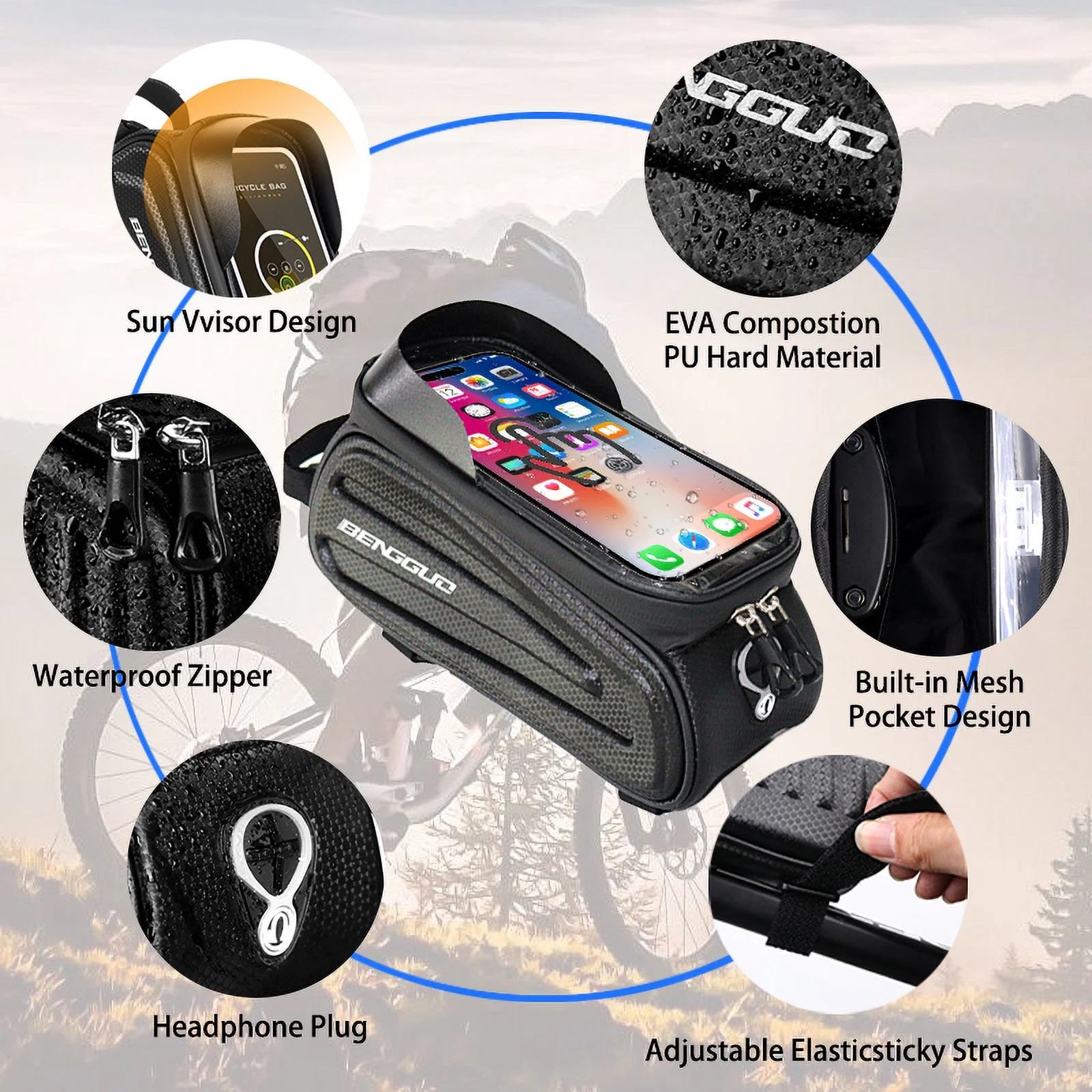 Bike Bags for Bicycles,Bike Phone Front Frame Bag,Waterproof Bicycle Phone Mount Top Tube Cycling Frame Bag Bike Phone Holder Bag Bike Accessories Bag with TPU Touch Screen Sun Visor Fit 7Inch