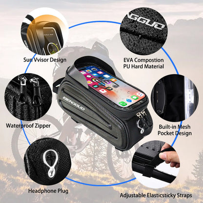 Bike Bags for Bicycles,Bike Phone Front Frame Bag,Waterproof Bicycle Phone Mount Top Tube Cycling Frame Bag Bike Phone Holder Bag Bike Accessories Bag with TPU Touch Screen Sun Visor Fit 7Inch