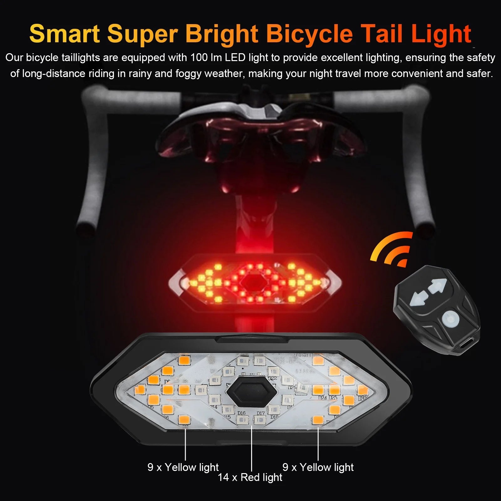 Bike Turn Signals Light, 100LM 5-In-1 Smart Bright Bike Rear Tail Lamp IPX2 USB Charge Waterproof Safety Cycle Night Light