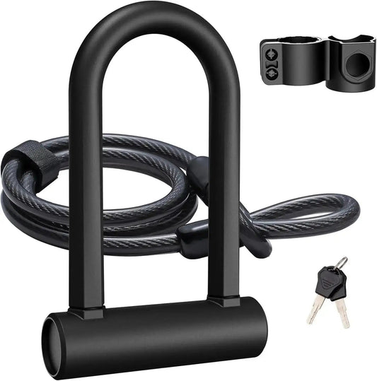 Heavy duty U-lock with 16mm hardened steel shackle and 4ft PVC-coated cable, black