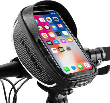 ROCKBROS bike phone bag showing reflective strips and sun visor