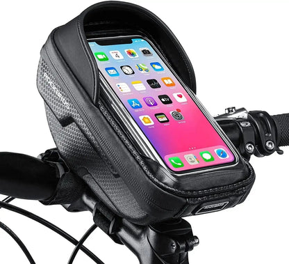 ROCKBROS waterproof bike phone bag with touchscreen window, black, on handlebar