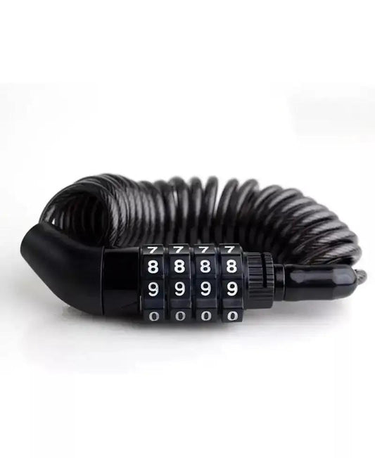 Compact retractable 4-digit combination cable lock, black, for bikes and helmets