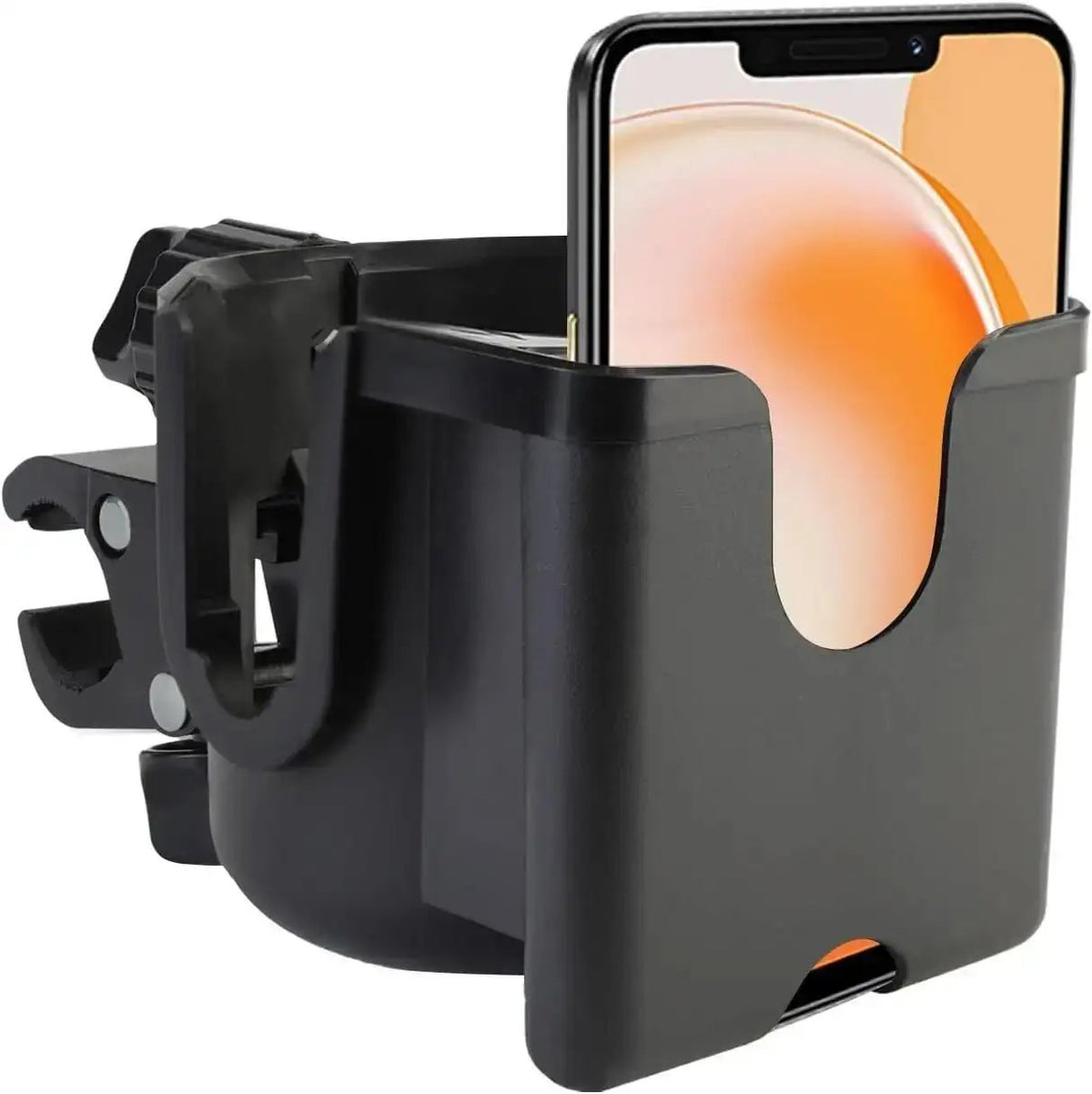 Cup and phone holder with drink and phone secured, spill-proof inner petals