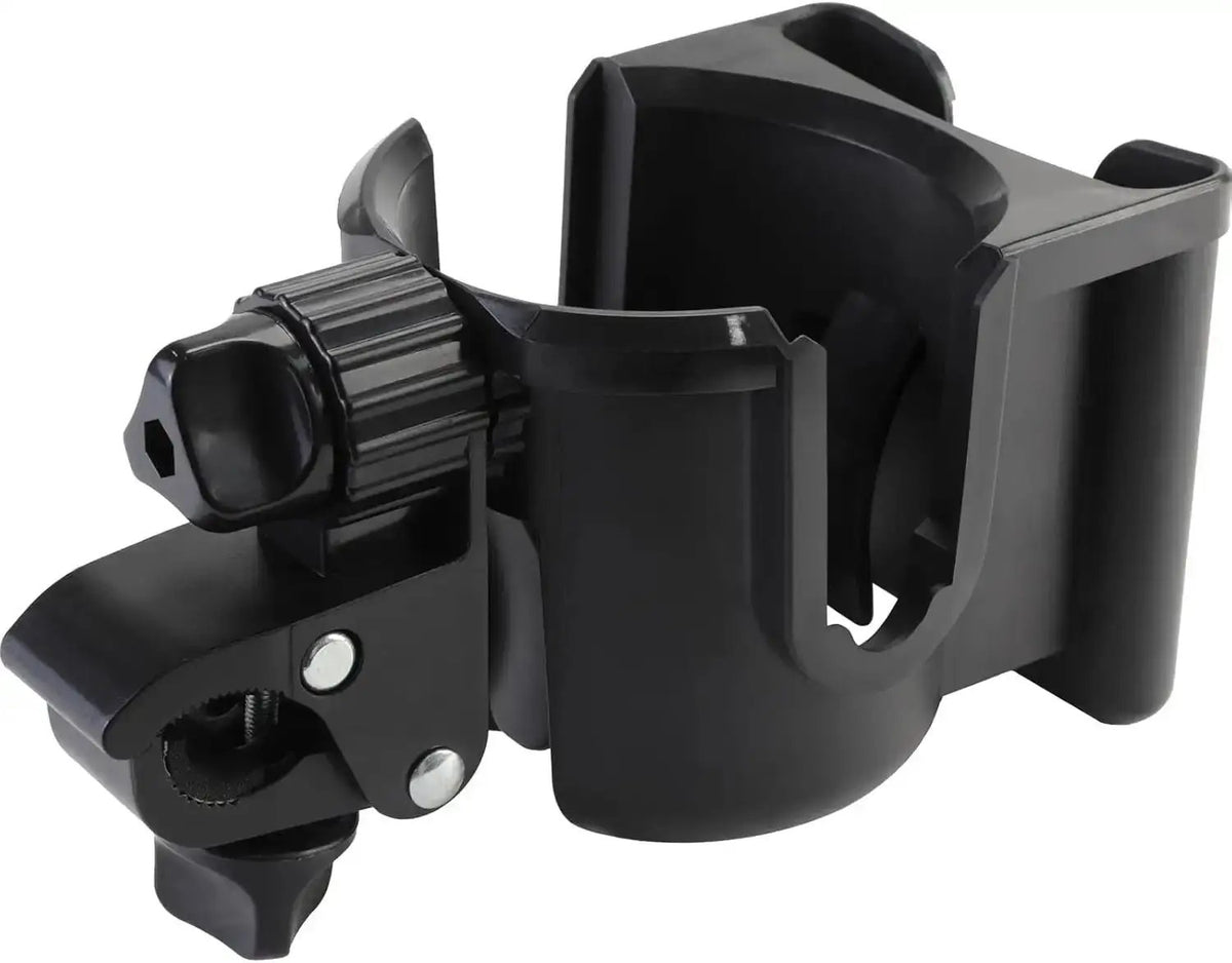 Universal 2-in-1 cup and phone holder for wheelchair, stroller, and bike, black