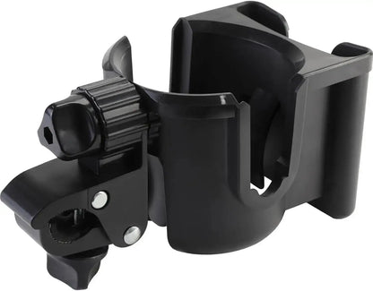 Universal 2-in-1 cup and phone holder for wheelchair, stroller, and bike, black