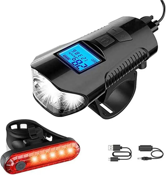 USB bike light set with front headlight, LCD speedometer, horn, and rear tail light