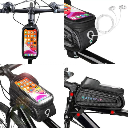 WATERFLY bike frame bag open showing 2L storage compartments and mesh pockets