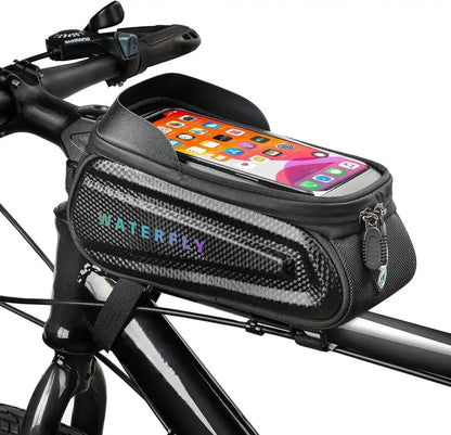WATERFLY waterproof bike frame bag with touchscreen phone window, mounted on top tube
