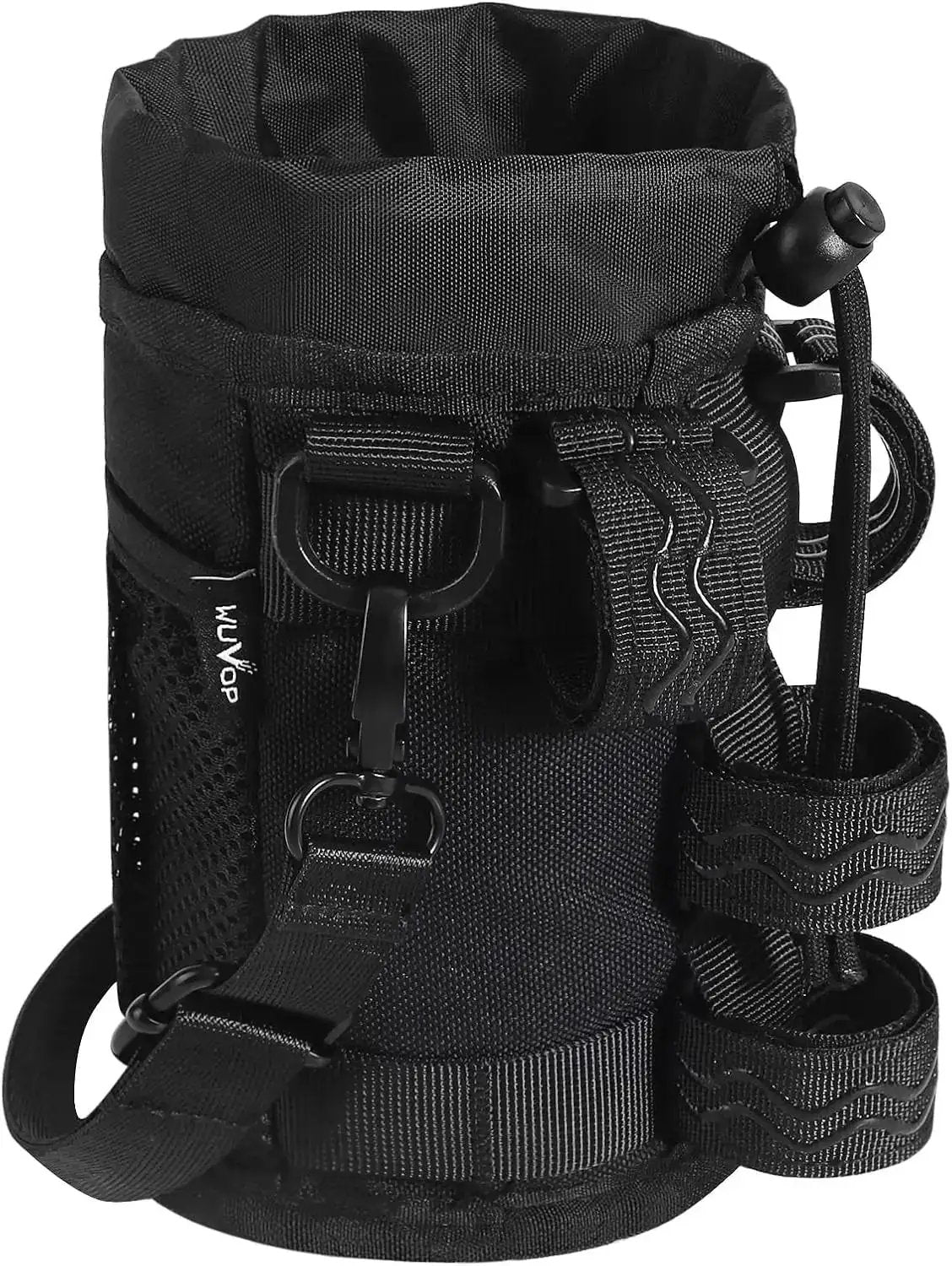 WUVOP bike cup holder with mesh pocket and strap, black, 12-34oz capacity
