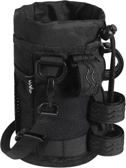 WUVOP bike cup holder with mesh pocket and strap, black, 12-34oz capacity